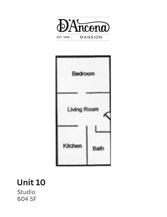 A drawing of a floor plan for a studio apartment.