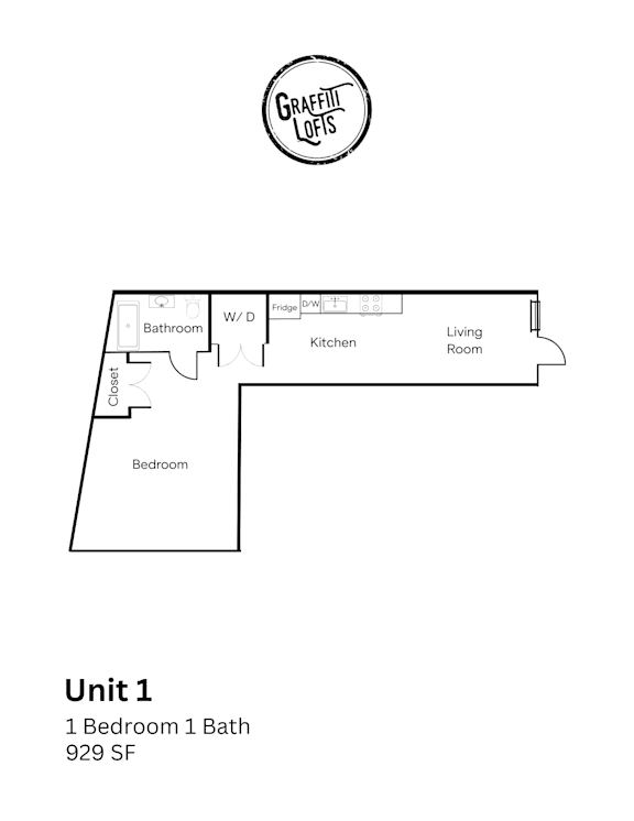 A floor plan for a 1 bedroom 1 bath unit.