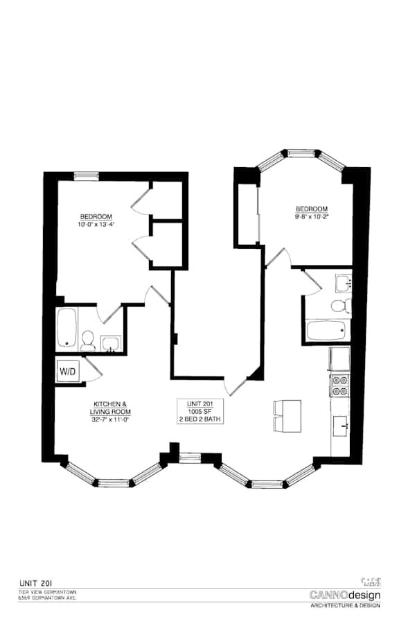 A black and white floor plan of a small apartment with two bedrooms and a kitchen.