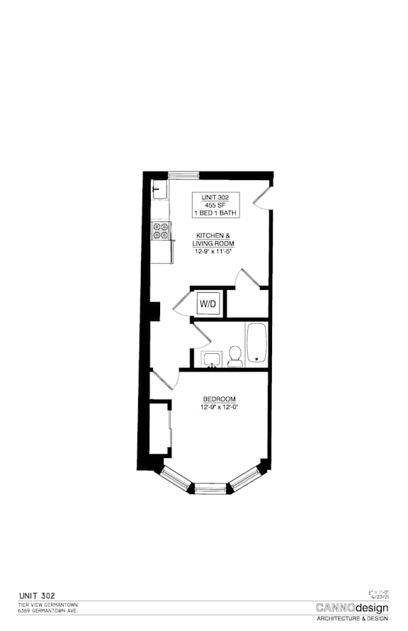 A floor plan for a unit with a living room, bedroom, and bathroom.