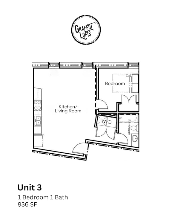 A floor plan for a unit with a bedroom and bathroom.