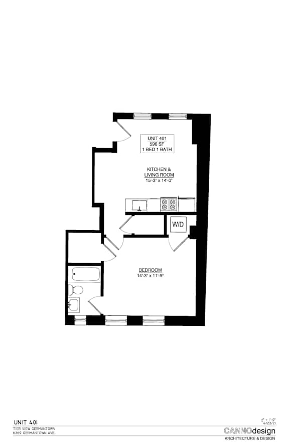 A floor plan for a home with a living room, dining room, kitchen, and bathroom.