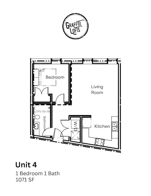A floor plan for a Graffiti Lofts apartment with one bedroom and one bath.