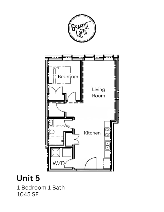A floor plan for a small apartment with a bedroom, living room, kitchen, and bathroom.