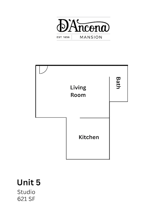 A diagram of a floor plan for a studio apartment with a living room, kitchen, and bathroom.