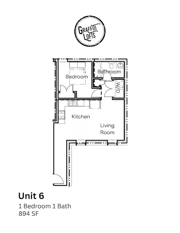 A floor plan for a unit with a bedroom, bathroom, and living room.