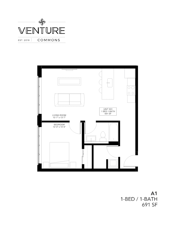 A black and white image of a floor plan for a 1-bedroom, 1-bathroom apartment.