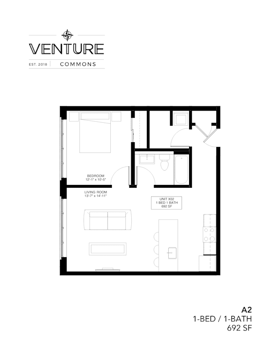 A black and white image of a floor plan for a 1-bedroom, 1-bathroom apartment.