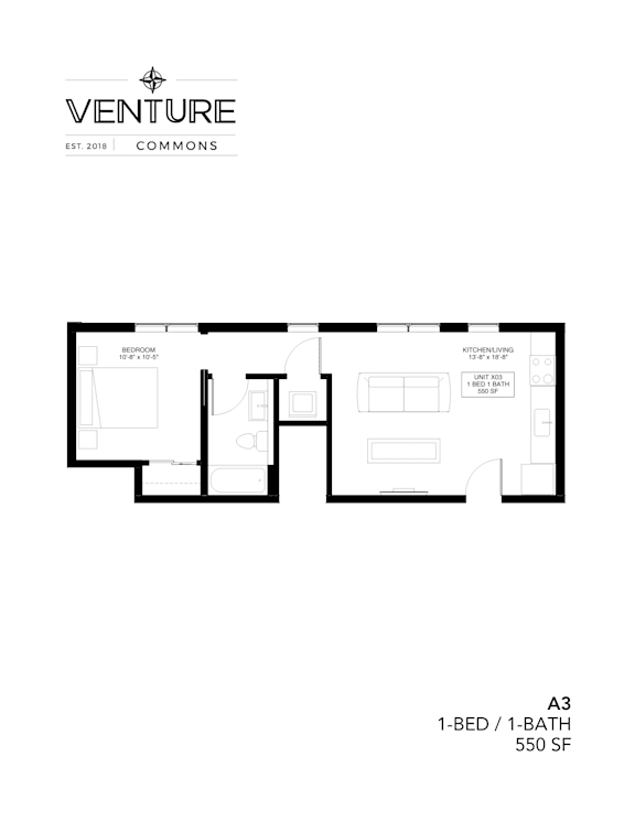 A black and white image of a floor plan for a 1-bedroom apartment.