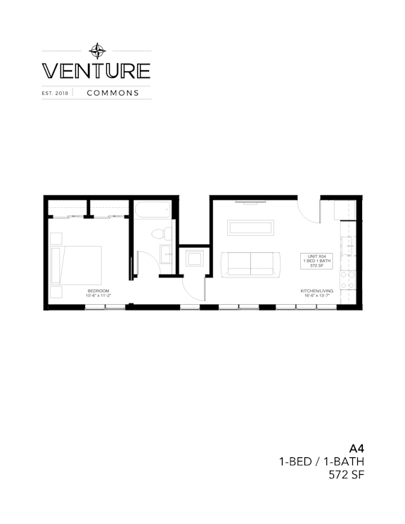 A black and white image of a floor plan for a 1-bedroom, 1-bathroom apartment.