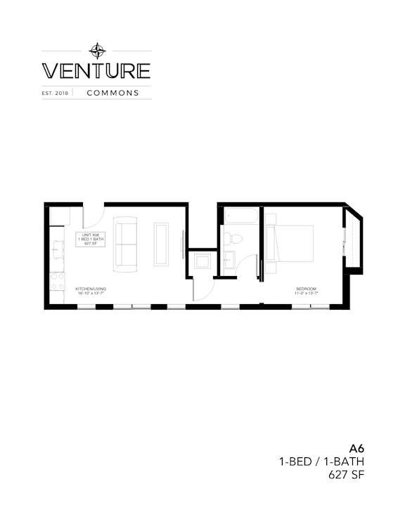 A black and white image of a floor plan for a 1-bedroom, 1-bathroom apartment.