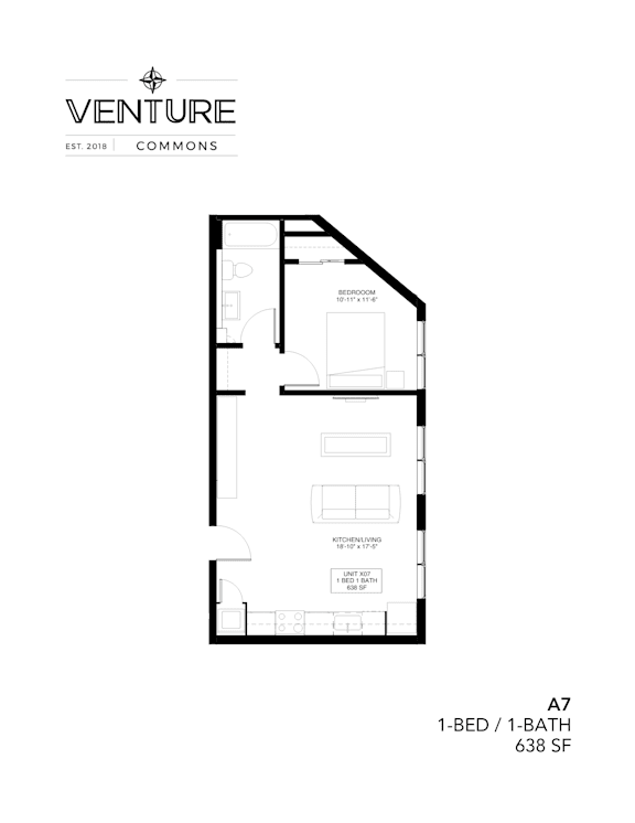 A black and white image of a floor plan for a 1-bedroom, 1-bathroom apartment.