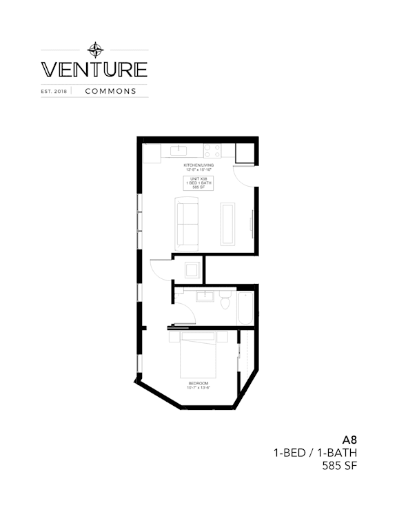 A black and white image of a floor plan for a 1-bedroom, 1-bathroom apartment.