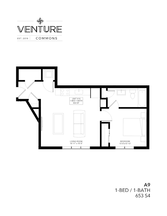 A black and white image of a floor plan for a 1-bedroom, 1-bathroom apartment.