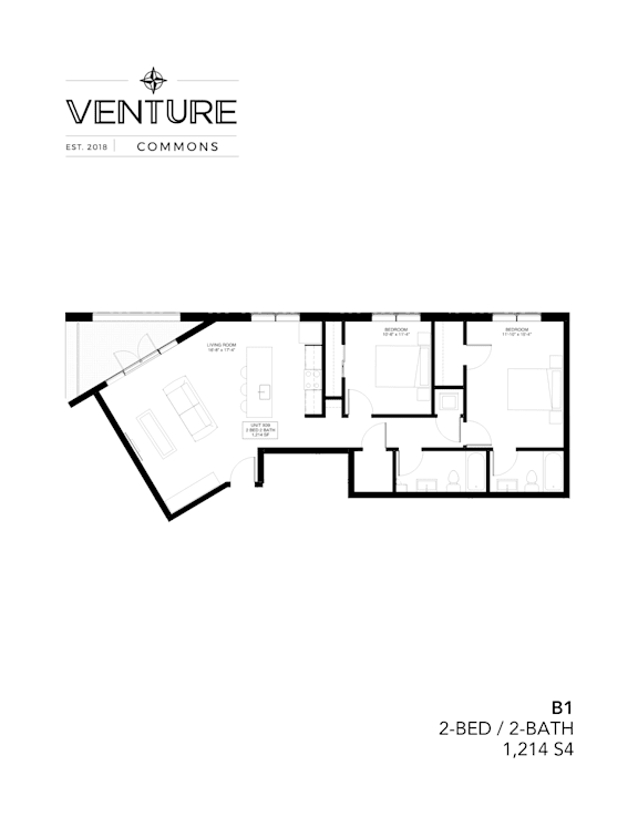 A black and white image of a floor plan for a 2-bedroom, 2-bathroom apartment.