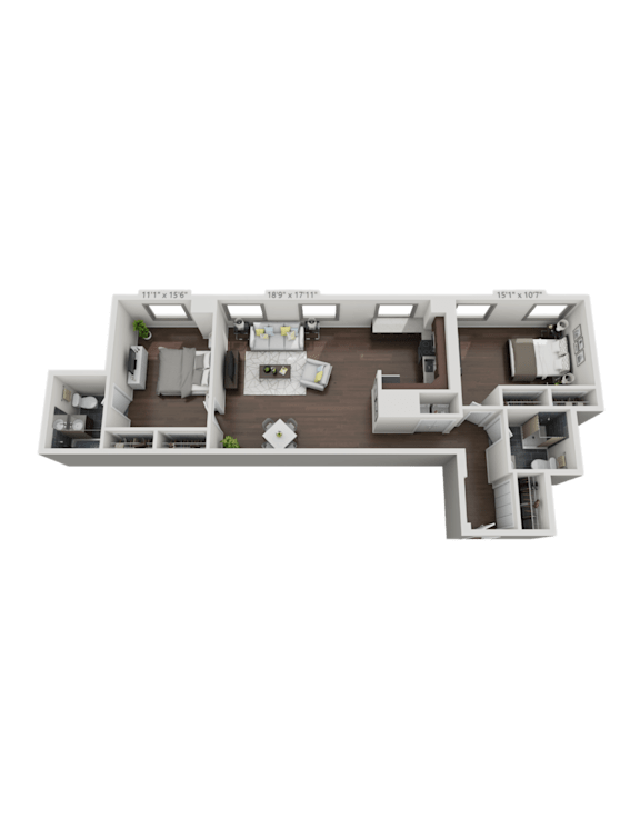A 3D layout of a house with various rooms and furniture.