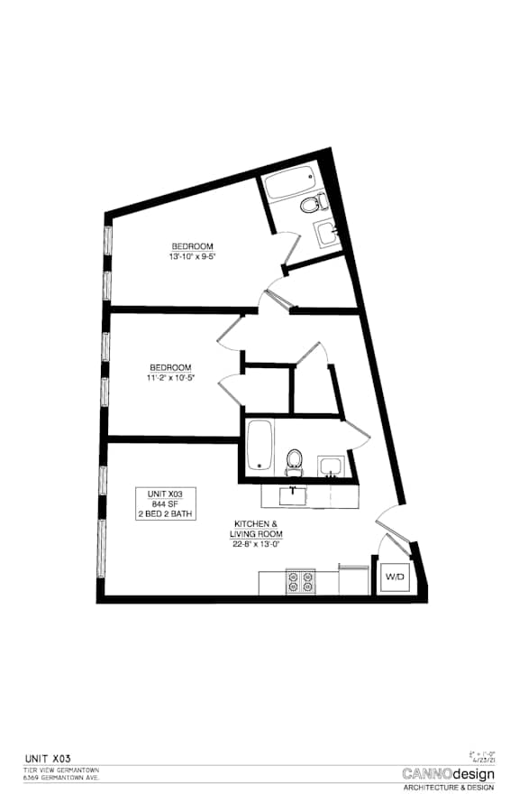 A floor plan of a unit with a bedroom, bathroom, kitchen, and living room.