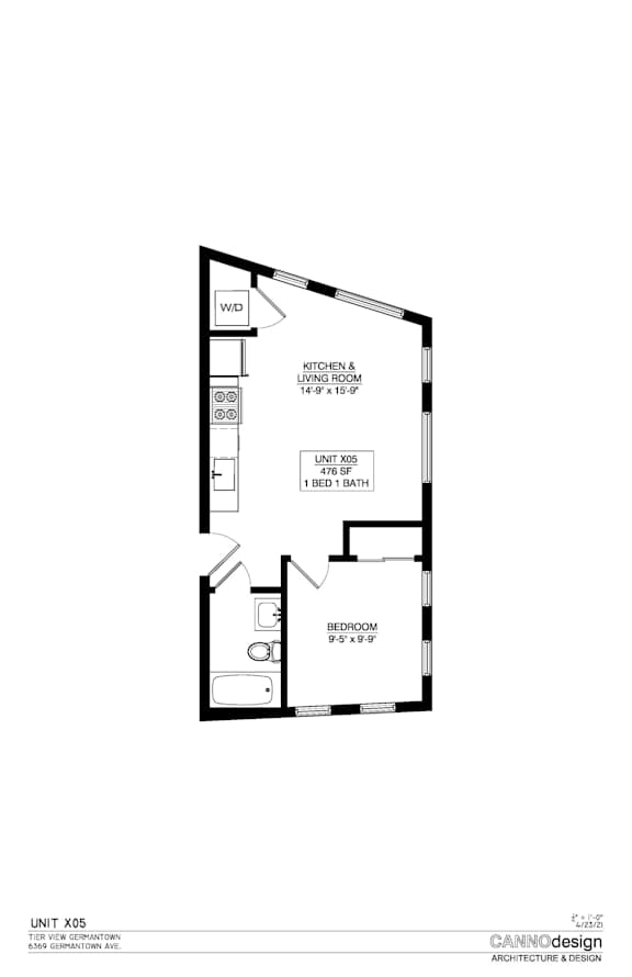 A floor plan for a small apartment with a kitchen, living room, and bedroom.