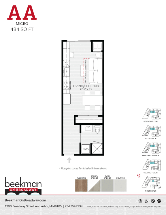 Floor Plan  2 bed 1 bath AA Floor Plan at Beekman on Broadway, Michigan
