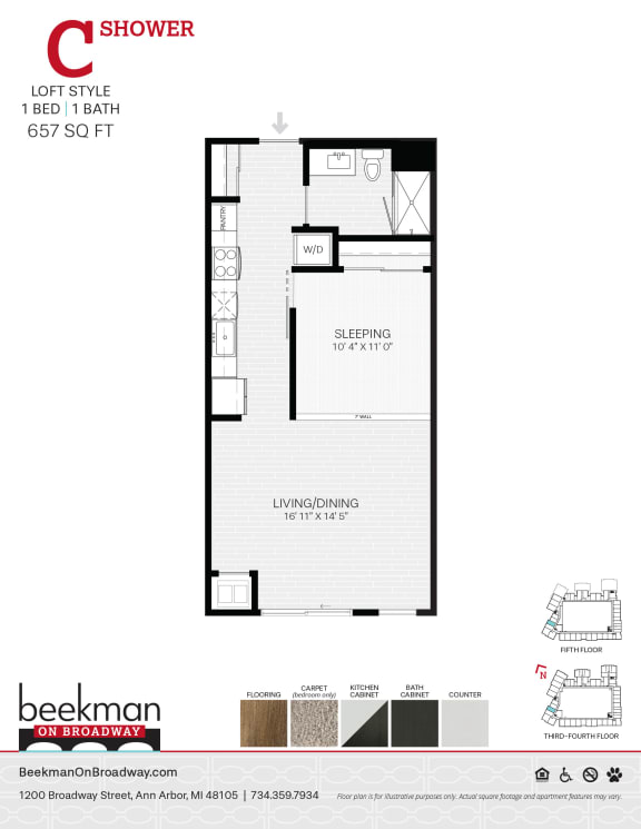 Floor Plan  2 bed 2 bath C Shower Floor Plan at Beekman on Broadway, Ann Arbor, MI, 48105
