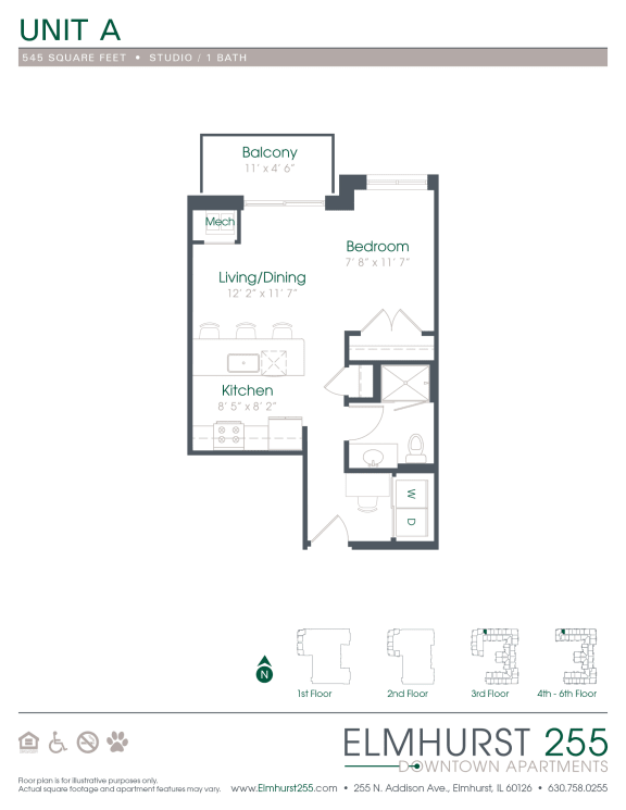 1 bed 1 bath a floor plan for a unit with a bedroom and a bathroom  at Elmhurst 255, Elmhurst, IL