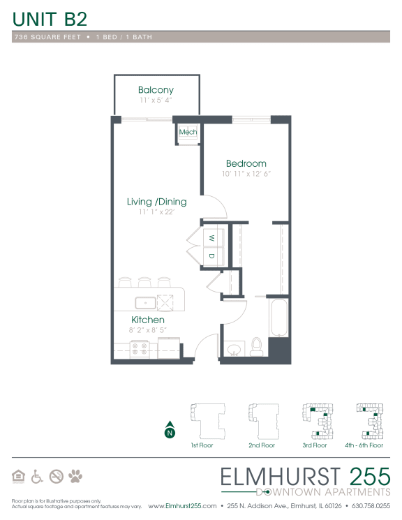 1 bed 1 bath a floor plan for a unit with a bedroom and a bathroom  at Elmhurst 255, Elmhurst, IL, 60126