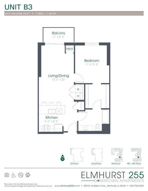 1 bed 1 bath a floor plan for a unit with a bedroom and a bathroom  at Elmhurst 255, Elmhurst, IL, 60126