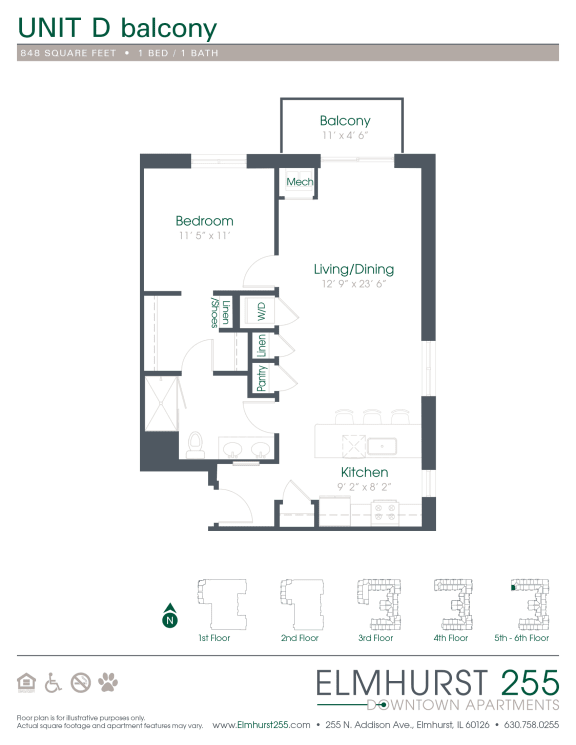 Floor Plan  1 bed 1 bath a floor plan for a unit with a bedroom and a bathroom  at Elmhurst 255, Elmhurst, IL, 60126