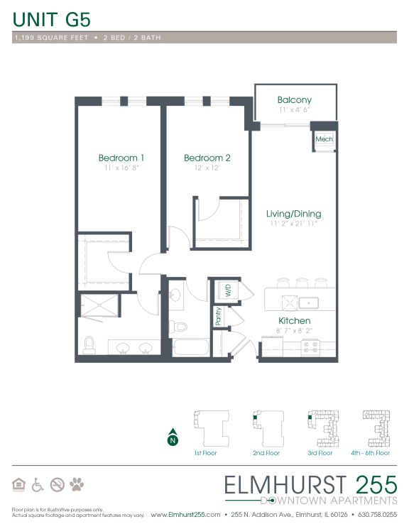 Floor Plan  2 bed 2 bath a floor plan for a unit with a bedroom and a bathroom  at Elmhurst 255, Elmhurst, IL, 60126