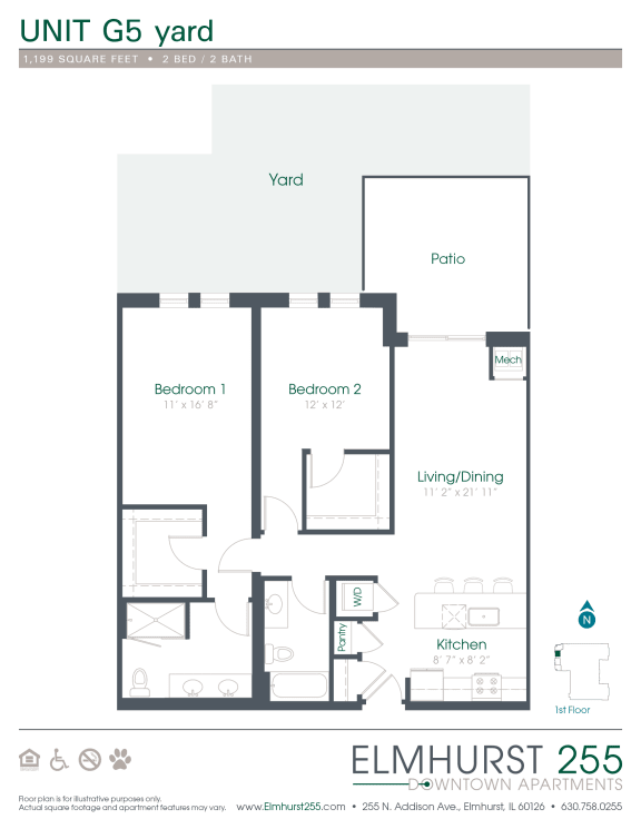 2 bed 2 bath this floor plan is for a unit and has a bedroom and a bathroom  at Elmhurst 255, Elmhurst, Illinois