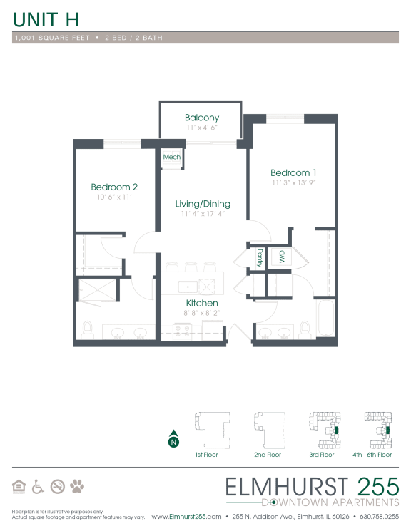 2 bed 2 bath a floor plan for a unit with a bedroom and a bathroom  at Elmhurst 255, Elmhurst, Illinois