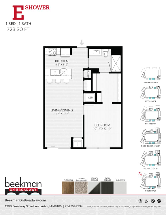 Floor Plan  2 bed 2 bath E Shower Floor Plan at Beekman on Broadway, Ann Arbor, 48105