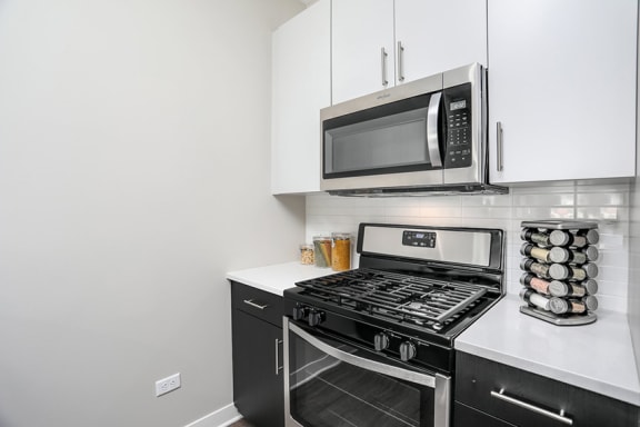 Energy efficient stainless steel appliances with gas range and built in microwave at Beekman on Broadway, Ann Arbor, 48105