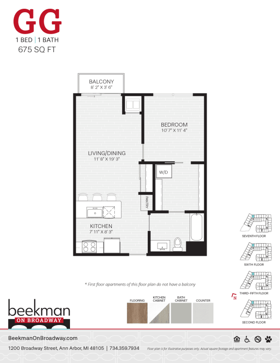 Floor Plan  2 bed 1 bath a floor plan of a bedroom apartment at Beekman on Broadway, Ann Arbor, MI, 48105