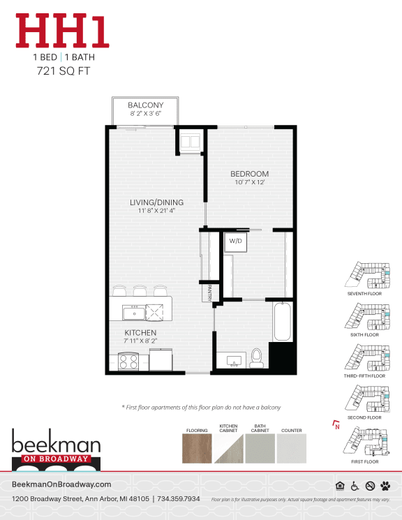 Floor Plan  2 bed 1 bath a floor plan of a bedroom apartment at Beekman on Broadway, Michigan, 48105
