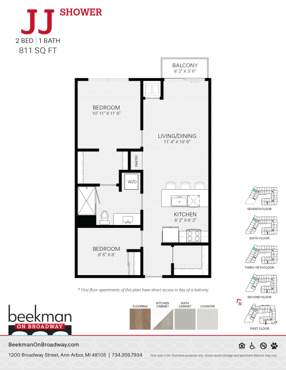 Floor Plan  2 bed 1 bath a floor plan of a bedroom apartment at Beekman on Broadway, Ann Arbor, MI, 48105