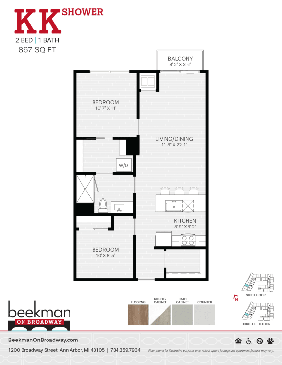 Floor Plan  2 bed 1 bath a floor plan of a bedroom apartment with a bathroom and a living room at Beekman on Broadway, Michigan