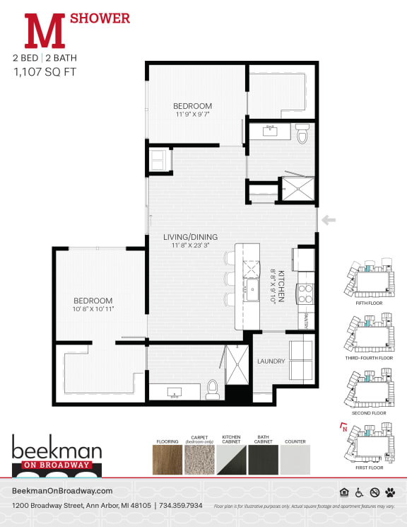 Floor Plan  2 bed 2 bath M Shower Floor Plan at Beekman on Broadway, Michigan, 48105