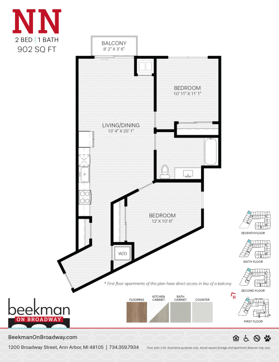 2 bed 1 bath a floor plan of a bedroom apartment at Beekman on Broadway, Ann Arbor