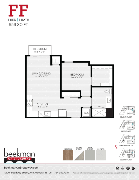 Floor Plan  2 bed 2 bath FF Floor Plan at Beekman on Broadway, Michigan, 48105