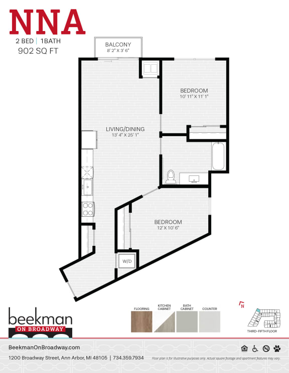 Floor Plan  2 bed 1 bath NNA Floor Plan at Beekman on Broadway, Michigan