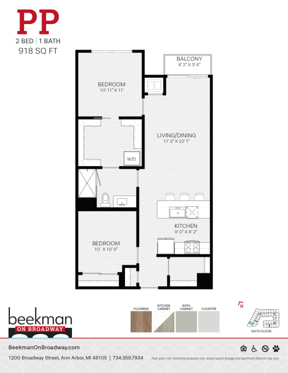 2 bed 1 bath PP Floor Plan at Beekman on Broadway, Ann Arbor, MI