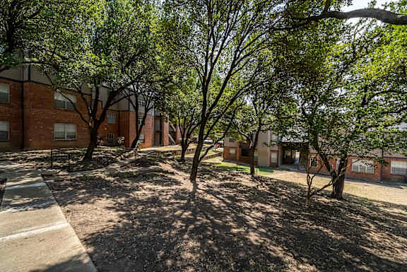 A courtyard with trees and a building in the background.