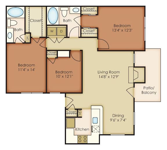 A floor plan of a house with three bedrooms, a living room, a dining area, a kitchen, a bathroom, and a patio/balcony.