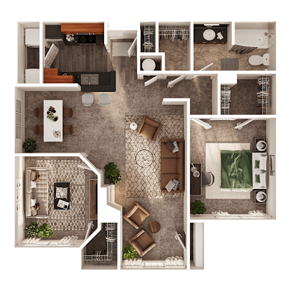 A top-down view of a house layout with a kitchen, living room, dining area, and bathroom.