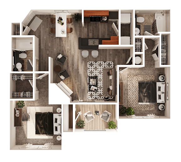 A top-down view of a house layout with various rooms and furniture.