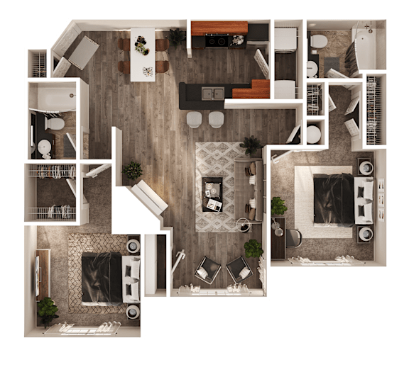 A top-down view of a house layout with a living room, kitchen, and bedrooms.