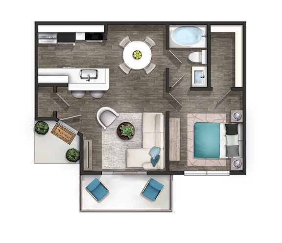 A top-down view of a house layout with a kitchen, living room, and bathroom.