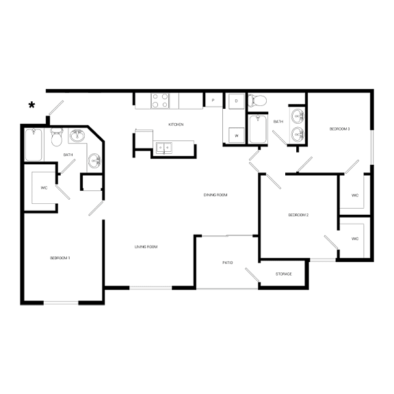 A black and white floor plan of a house with labeled rooms.