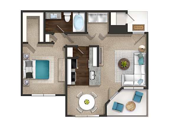A floor plan of a small apartment with a kitchen, living room, and bathroom.